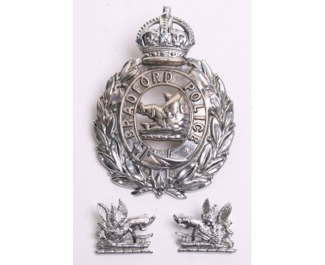 Bradford Police Kings Crown Helmet Badge , chrome wreath, plus a pair of chrome collar dogs, all complete with lug fittings o