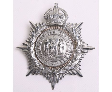 Southend on Sea Constabulary Helmet Badge, Kings crown,  chrome wreath, coat of arms centre, complete with two lug fittings o