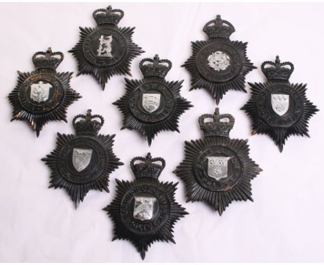 Seven Queens Crown Black Star Police Helmet Plates, Warwickshire constabulary, East Riding of Yorkshire, Borough of Grimsby P
