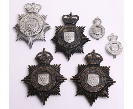 Cornwall Constabulary Badges, 2 x Kings crown black star helmet plates, 1 x Kings crown chrome cap badge, 1 x Queens crown bl