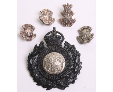 Durham County Constabulary Helmet Badge, Kings crown,  black wreath, white metal coat of arms centre, complete with two fixin