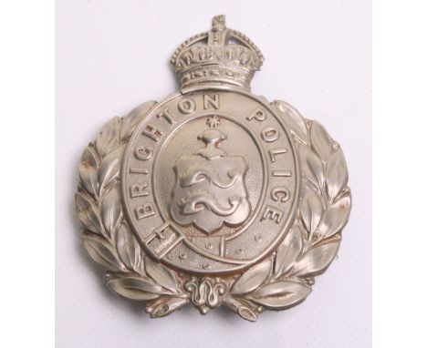 Brighton Police Helmet Badge, Kings crown,  white metal wreath, coat of arms centre, one rear fixing lug missing, some age we