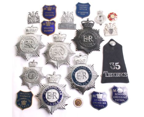 Selection of Obsolete Metropolitan Police Badges, including, Queens crown black star helmet plate, Queens crown chrome star h