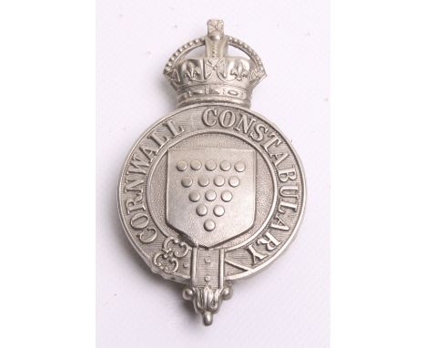 Cornwall Constabulary Helmet Badge, Kings crown,  white metal garter, complete with three rear fixing lugs 