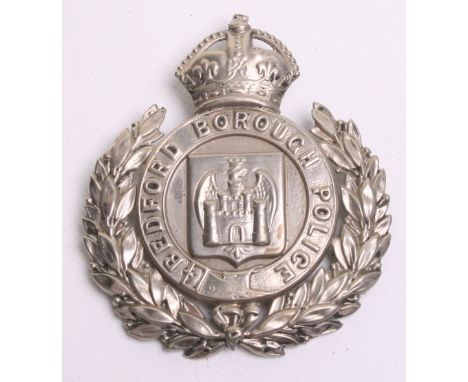 Bedford Borough Police Helmet Badge, Kings crown,  white metal wreath, coat of arms centre, complete with two fixing lugs on 