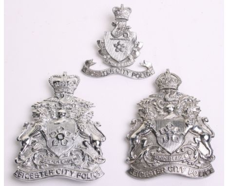 Two Leicester City Police Obsolete Helmet Badges, Kings crown,  chrome coat of arms ,Queens crown,  chrome coat of arms and Q