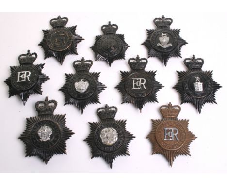 Ten Queens Crown Black Star Police Helmet Plates, Coventry police 2 x Gloucestershire constabulary, Isle of Ely constabulary,