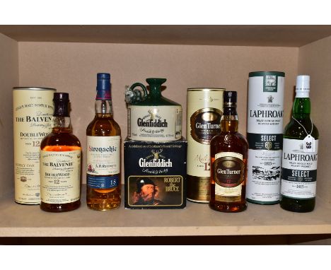SINGLE MALT, five bottles of Single Malt Whisky comprising one bottle of Laphroaig Select, 40% vol. 70cl, fill level low neck
