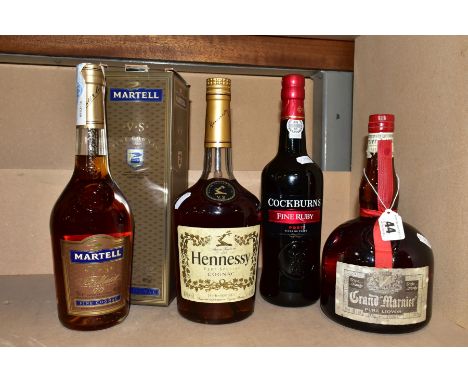 ALCOHOL, four bottles comprising, one 1L bottle of Grand Marnier Pure Liqvor (old bottling) fill level low neck, one 1L bottl