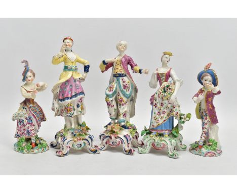 FIVE MID TO LATE 18TH CENTURY ENGLISH PORCELAIN FIGURES, possibly Bow, comprising a near pair of a lady and gentleman dressed