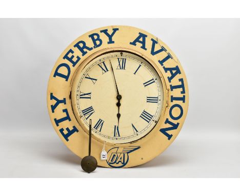 ADVERTISING/AVIATION INTEREST, a cream and blue painted wooden cased wall clock, the circular surround with 'FLY DERBY AVIATI