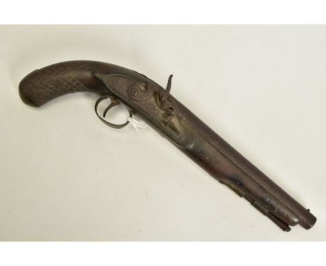 AN APPROXIMATELY 26 BORE SINGLE BARREL FLINTLOCK HOLSTER PISTOL, maker unknown with a 9'' barrel and a late waterproof lock f