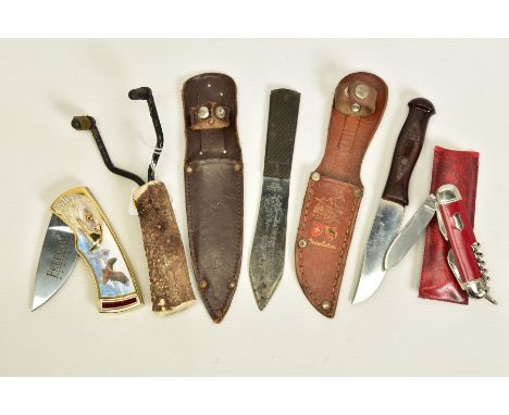 TWO SHEATH KNIVES WITH SHEATHS, (one made in Switzerland marked Le Sporty, the other made by Rogers of Sheffield marked Throw