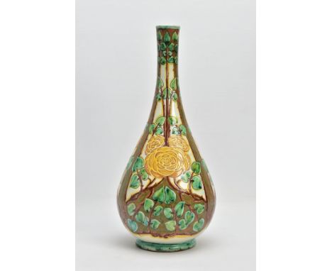 A DELLA ROBBIA POTTERY SLENDER BOTTLE VASE, decorated by Charles Collis and Hannah Jones, incised with yellow roses with trai