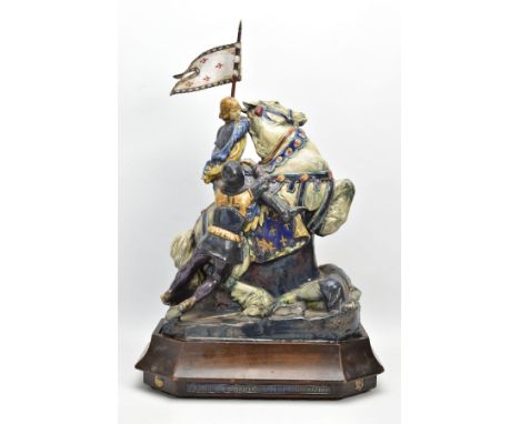 AN EARLY 20TH CENTURY POTTERY FIGURE GROUP OF JOAN OF ARC ON HORSEBACK  BY STANLEY THOROGOOD, A ROYAL DOULTON PROTOTYPE, the 