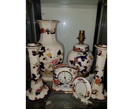 6 PIECES OF MASONS BLUE MANDALAY WARE INC CLOCK LAMP AND CANDLE STICKS ETC
