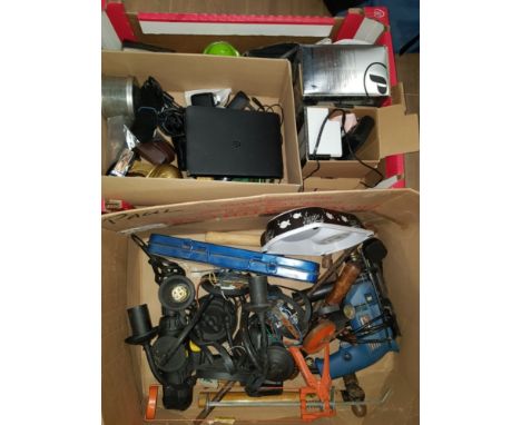 A BOX OF ASSORTED TOOLS INC HAMMERS AND A BOX OF ASSORTED GOODS INC A BLACKBERRY TABLET ETC