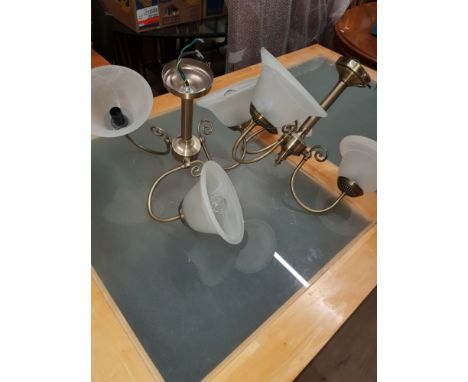 A PAIR OF CENTRE LIGHT FITTINGS WITH FROSTED GLASS SHADES