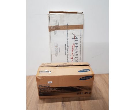 BOXED SAMSUNG PLASMA SPEAKER STAND TOGETHER WITH A BOXED ALPHASON SURROUND SOUND STAND