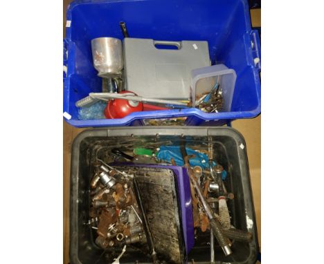 2 BOXES OF ASSORTED TOOLS INC OIL CANS RATCHET SETS ETC