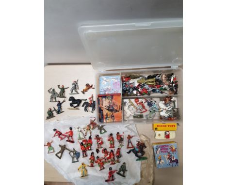 BOX CONTAINING A VARIETY OF TOYS INCLUDING LONE STAR MILITARY FIGURES AND TIMPO MODEL TOYS IN ORIGINAL BOXES ALSO CONTAINS BO