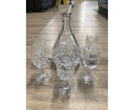 CRYSTAL ETCHED GLASS DECANTER AND SET OF FIVE DRINKING GLASSES