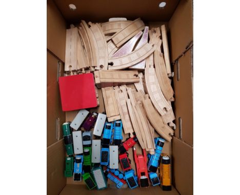 BOX OF THOMAS THE TANK ENGINE WOODEN TRAINS AND TRACK
