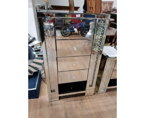 FOUR DRAWER ALL GLASS TALL BOY WITH CRYSTAL EFFECT DECORATIONS