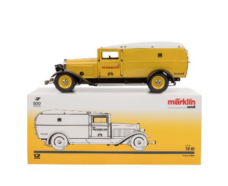 MÄRKLIN Reichspostwagen Nr. 70-01, 1990, Gelb lackierte Blechausführung mit grauem Dach, 2 Fahrertüren und 1 Hecktür zum Öffn