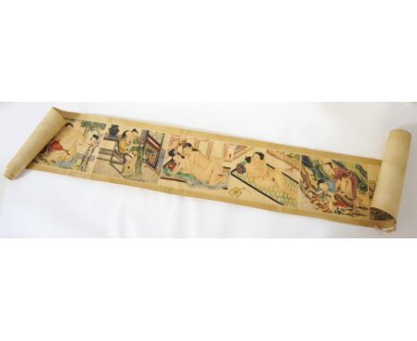 EARLY 20th CENTURY CHINESE SCROLL
with eight panels depicting erotic scenes, 268cm long 