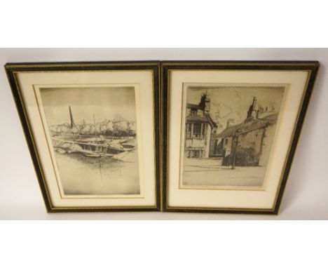 JOSEPH BURNS
'Boat Hiring Station on Clyde & Nelson's Monument, Glasgow Green', etching, signed, 24cm x 16.5cm, and 'John St.