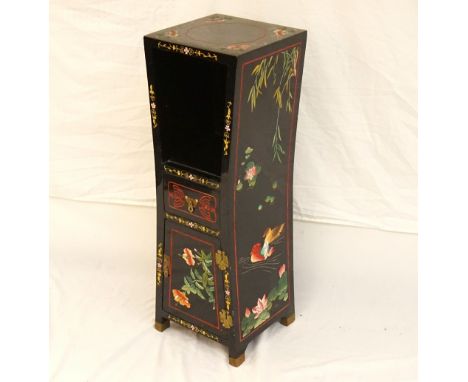 CHINESE EXPORT WARE LACQUERED CABINET
of shaped form decorated with swans and flowers, the upper shelf with a drawer and cupb