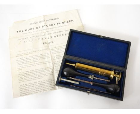 VINTAGE CASED VETERINARY BRASS SYRINGE 
by 'Thomas Chapman, 56 Buchanan St. Glasgow', with two trochar's, two cannula and a p