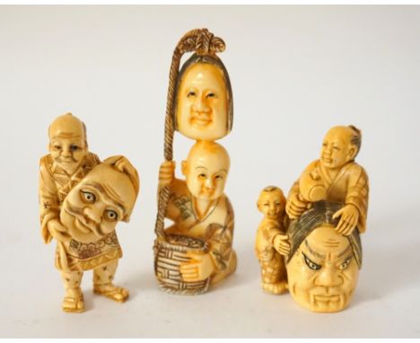 JAPANESE CARVED IVORY NETSUKE
of a boy kneeling by a basket with a Noh mask suspended from a rope, 7cm high; a Japanese ivory