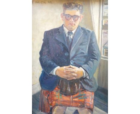 J CHRISTIE
Portrait of a young man, seated and wearing kilt, oil on board, signed and dated '54, 67cm x 47cm