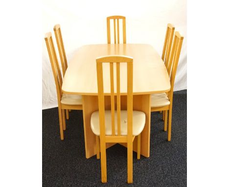 LIGHT BEECH DINING SUITE
comprising a shaped dining table, 175cm x 95cm, together with six high back dining chairs with stuff