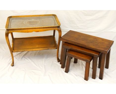VINTAGE BEECH OCCASIONAL TABLE
with glass insert top over a decorative canework panel, raised on cabriole legs with undertier