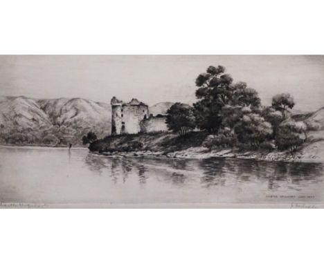J McARDLE
Castle Urquhart, Loch Ness, etching, signed, 14cm x 27cm
Note: J.McArdle was the pseudonym of Jackson Simpson (Scot