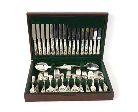 KINGS PATTERN CANTEEN OF SILVER PLATED FLATWARE
for eight place setting, contained in a mahogany fitted case 