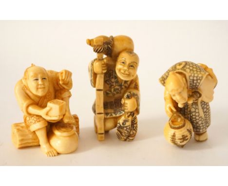 CHINESE CARVED IVORY NETSUKE
of Houtu, the god of earth and soil, 4.4cm high; a carved ivory netsuke of a fisherman clutching