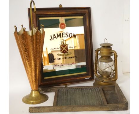 VINTAGE 'DIETZ' AMERICAN OIL LAMP
'The Glass Queen' washboard, 'Jameson Irish Whiskey' advertising mirror and a brass stick/u