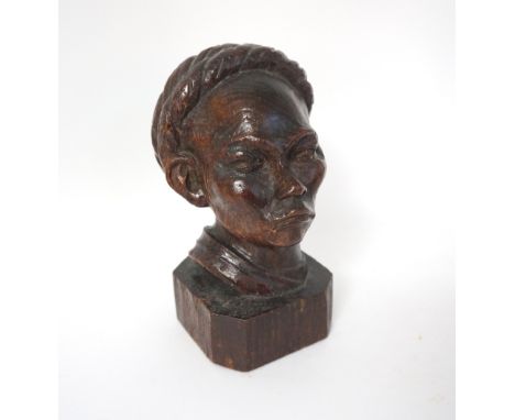 VINTAGE CARVED WOODEN MALE BUST
possibly of a young Chinese man, signed 'Fr Eemmens' ? to side of base, 18.5cm high