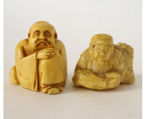 JAPANESE CARVED IVORY NETSUKE
of an old man seating, 3.5cm high; and a Japanese ivory Netsuke of a man sat cross legged with 