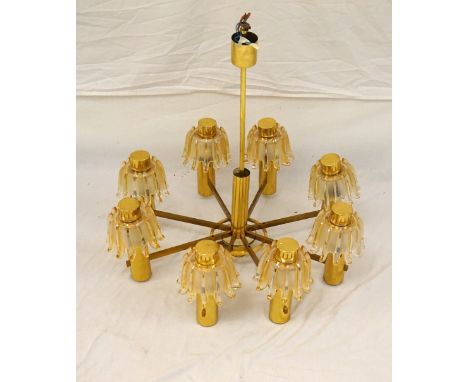 LATE 1960's BRASS CEILING LIGHT 
the central brass support with eight arms with shaped opaque glass shades, 70cm high, 65cm w