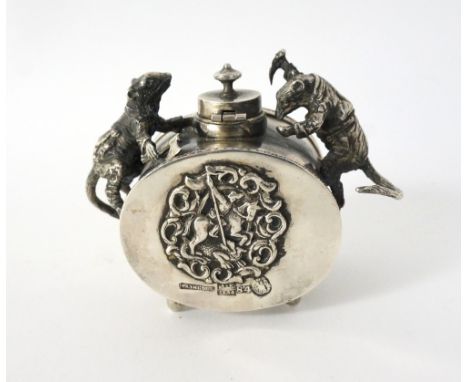 RUSSIAN SILVER INKWELL
of cylindrical form on four shaped feet, the body decorated with St.George slaying the dragon and the 