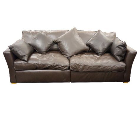 LARGE CHOCOLATE BROWN LEATHER SOFA
with loose cushions, standing on block feet, 248cm wide 