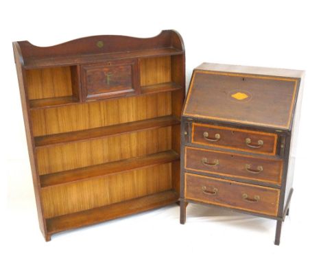 VINTAGE OAK OPEN BOOKCASE
91cm wide; and a period inlaid mahogany writing bureau, 62.5cm wide (2)