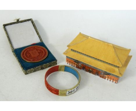 CHINESE PORCELAIN MUSICAL BOX 
modelled as a Palace, a souvenir from the Forbidden City, 13.5cm long, a Great Wall of China s