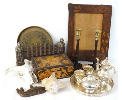 MIXED LOT OF COLLECTABLES
including a Victorian pokerwork mirror frame with foliate decoration, 49cm x 36cm, pen and pokerwor