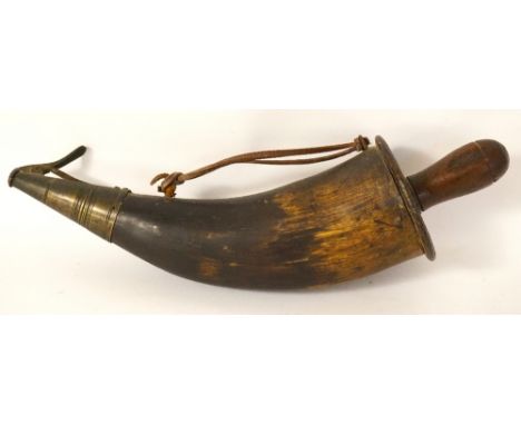 VINTAGE HORN POWDER FLASK
with metal levered pouring spout, turned elm lidded finial, and iron carrying loops, 28cm long